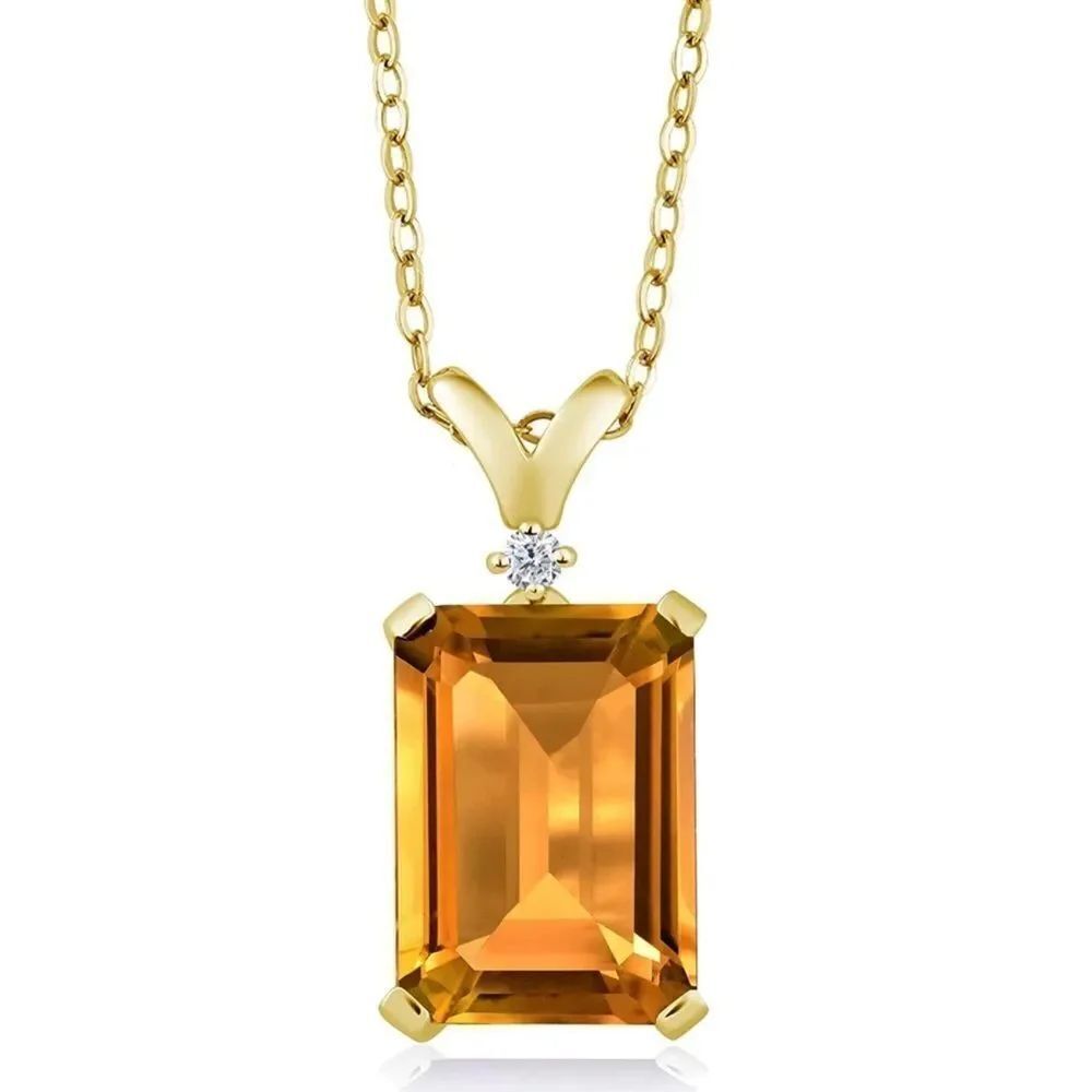 18K Yellow Gold .925 Sterling Silver Citrine and Diamond Pendant Chain Necklace